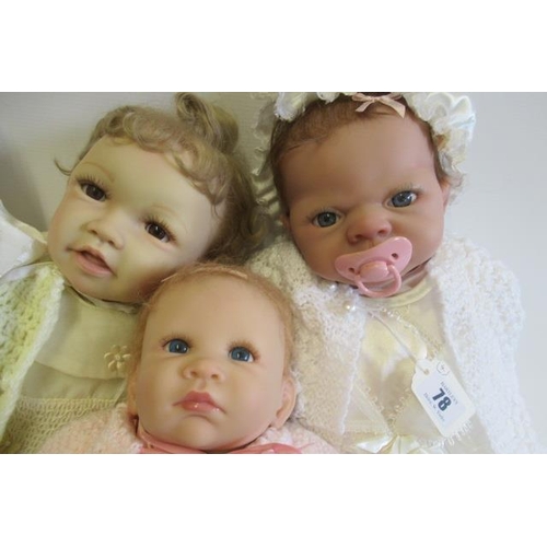 78 - Four Ashton Drake dolls, with vinyl/silicone heads and soft bodies, all with open blue eyes, largest... 