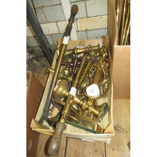 101 - BOX OF BRASS INCLUDING CANDLESTICKS AND TABLE LAMPS ETC