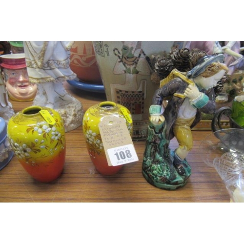 108 - MINTON MAJOLICA FIGURE AND A PAIR OF JAPANESE VASES