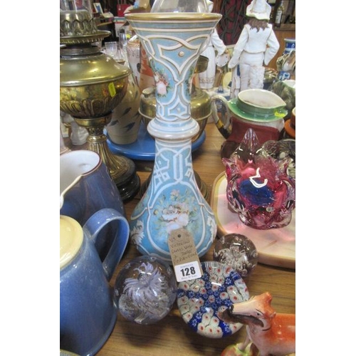 128 - VICTORIAN GLASS VASE AND THREE PAPERWEIGHTS