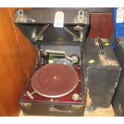 54 - WIND UP RECORD PLAYER AND A CASE OF 78 RPM RECORDS