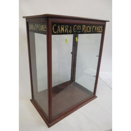 787 - A Carrs & Co Rich Cakes shop display cabinet, back door, glass printed front and sides, 28