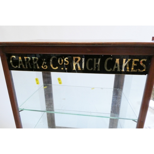 787 - A Carrs & Co Rich Cakes shop display cabinet, back door, glass printed front and sides, 28