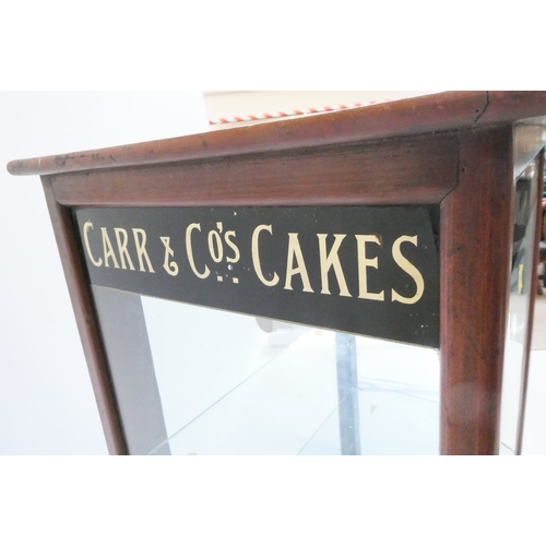 787 - A Carrs & Co Rich Cakes shop display cabinet, back door, glass printed front and sides, 28