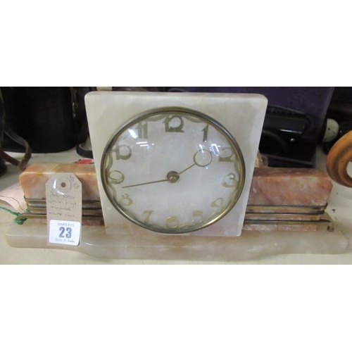 23 - ART DECO WHITE ONYX AND MARBLE MANTLE CLOCK