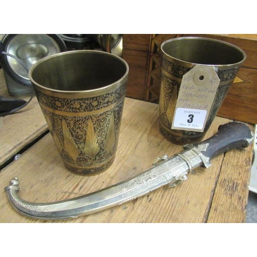 3 - PAIR OF INDIAN BEAKERS AND A DAGGER