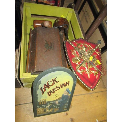 453 - GREEN WOODEN CRATE AND CONTENTS INCLUDING GAVEL ETC