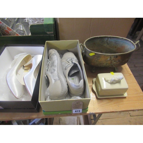 473 - LURPAC BUTTER DISH AND METAL PLANTER AND TWO PAIRS OF BOXED SHOES