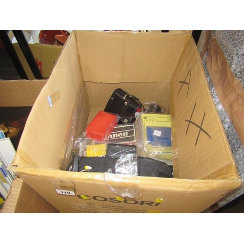 119 - BOX OF CAMERA ACCESSORIES ETC