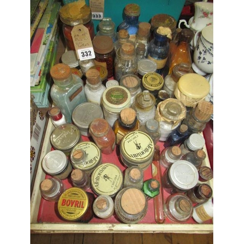 332 - TRAY OF OLD BOTTLES AND JARS