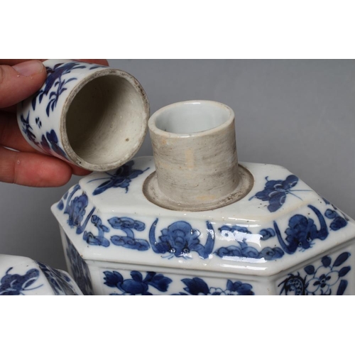 10 - A PAIR OF CHINESE PORCELAIN CANISTERS AND COVERS of canted oblong form, painted in underglaze blue w... 