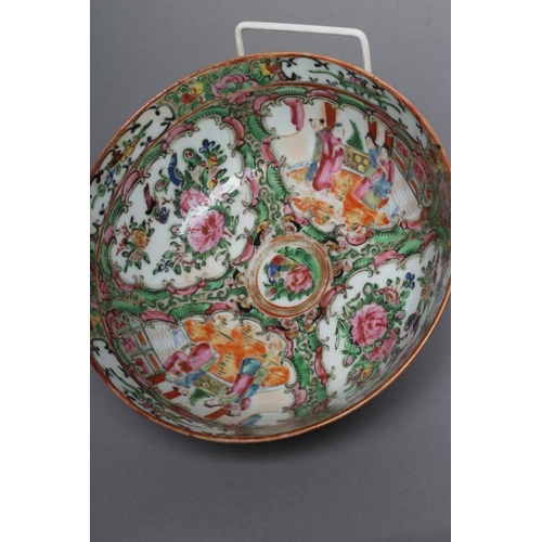 11 - A CANTONESE PORCELAIN FAMILLE ROSE BOWL painted with panels of figures on verandahs and with finches... 