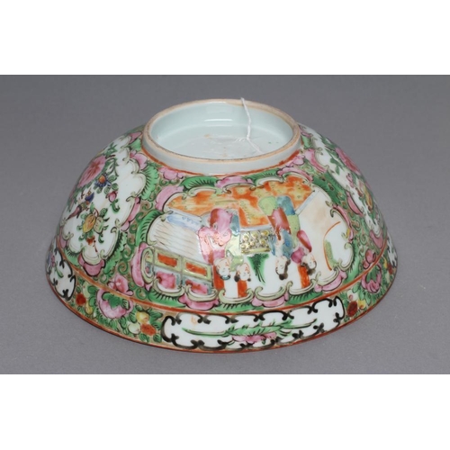 11 - A CANTONESE PORCELAIN FAMILLE ROSE BOWL painted with panels of figures on verandahs and with finches... 