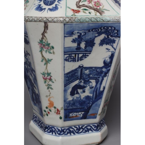 12 - A CHINESE PORCELAIN VASE of swept octagonal form with two scrolling handles, painted in in underglaz... 