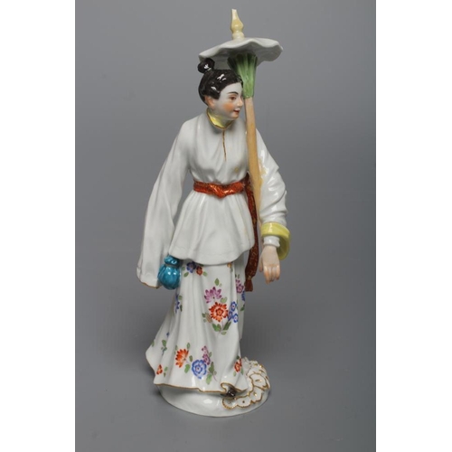 19 - TWO MEISSEN PORCELAIN CHINOISERIE FIGURES, late 19th century, modelled as a gentleman holding a hat ... 