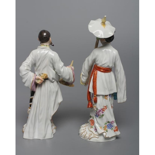 19 - TWO MEISSEN PORCELAIN CHINOISERIE FIGURES, late 19th century, modelled as a gentleman holding a hat ... 