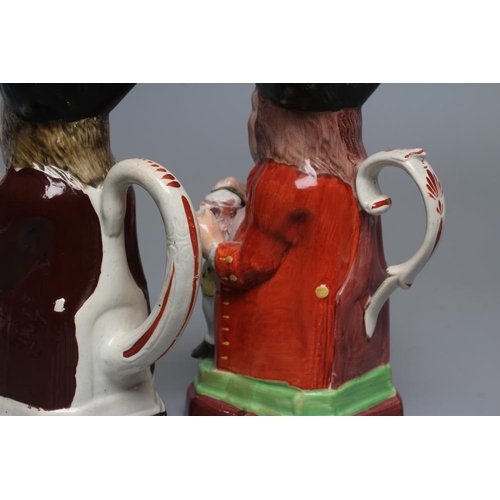 24 - A PEARLWARE SMALL TOBY JUG, c.1800, wearing a tricorn hat, red coat, pink waistcoat and yellow breec... 