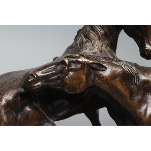 279 - AFTER PIERRE-JULES MENE (French 1810-1879) bronze group of two horses, 20th century, unsigned, brown... 