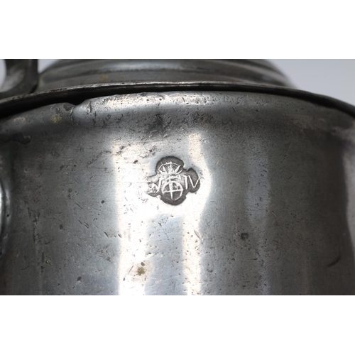 284 - A NORMANDY(?) PEWTER FLAGON, 19th century, the heart shaped lid stamped 