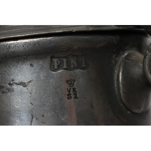 284 - A NORMANDY(?) PEWTER FLAGON, 19th century, the heart shaped lid stamped 