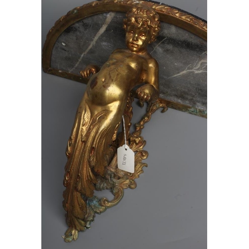 289 - A GILT METAL FIGURAL WALL BRACKET, late 19th century, modelled as a putto supporting a demi-lune vei... 