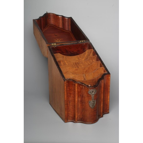 292 - A GEORGIAN MAHOGANY KNIFE BOX, late 18th century, of oblong serpentine form with satinwood banding a... 