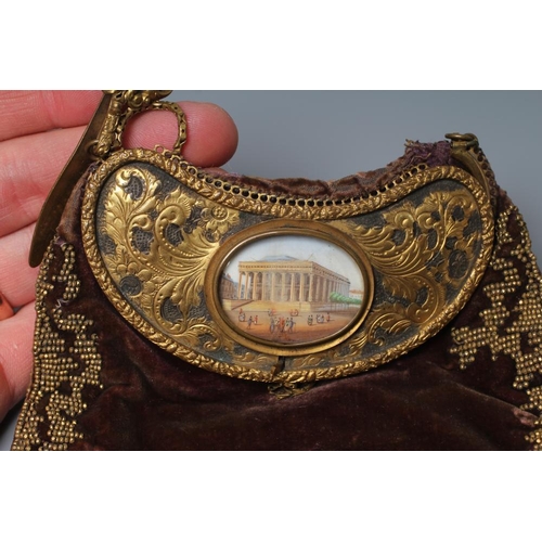 306 - A FRENCH BROWN VELVET EVENING BAG, purchased from the 1st Paris Exhibition, with gilt metal beadwork... 