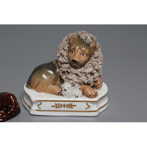 31 - A STAFFORDSHIRE PORCELANEOUS LION, c.1830, modelled recumbent with shredded clay mane, a tiny lamb b... 