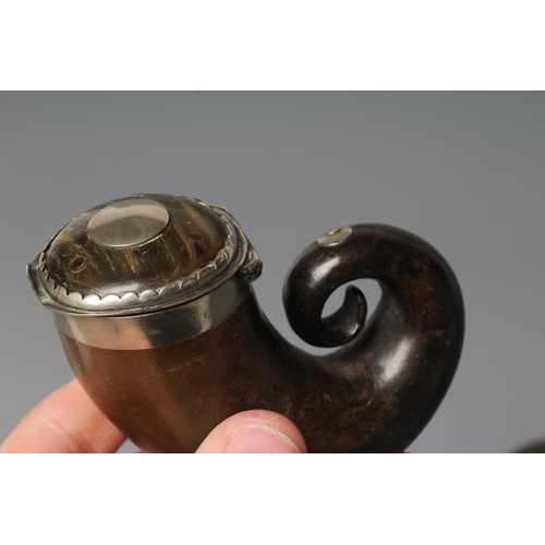 317 - TWO VICTORIAN HORN SNUFF MULLS of typical form with plated mounts and hinged covers, 3 1/2