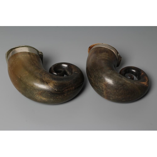 317 - TWO VICTORIAN HORN SNUFF MULLS of typical form with plated mounts and hinged covers, 3 1/2