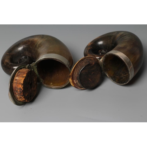 317 - TWO VICTORIAN HORN SNUFF MULLS of typical form with plated mounts and hinged covers, 3 1/2