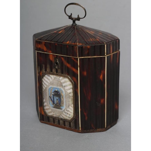 319 - A GEORGE III SMALL TORTOISESHELL TEA CADDY, c.1790, of canted oblong form, the press moulded ribbed ... 