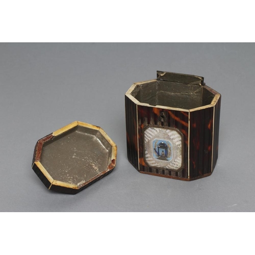 319 - A GEORGE III SMALL TORTOISESHELL TEA CADDY, c.1790, of canted oblong form, the press moulded ribbed ... 