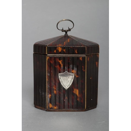 319 - A GEORGE III SMALL TORTOISESHELL TEA CADDY, c.1790, of canted oblong form, the press moulded ribbed ... 