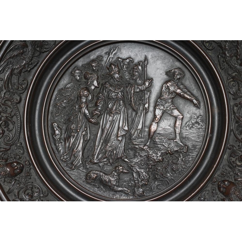 320 - A VICTORIAN ART UNION OF LONDON COPPER TAZZA, the central roundel cast with medieval figures within ... 