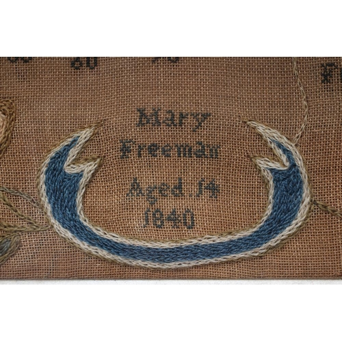 328 - AN EARLY VICTORIAN WOOLWORK MAP OF ENGLAND AND WALES, 1840, worked by Mary Freeman, aged 14, in colo... 