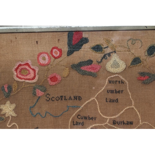 328 - AN EARLY VICTORIAN WOOLWORK MAP OF ENGLAND AND WALES, 1840, worked by Mary Freeman, aged 14, in colo... 