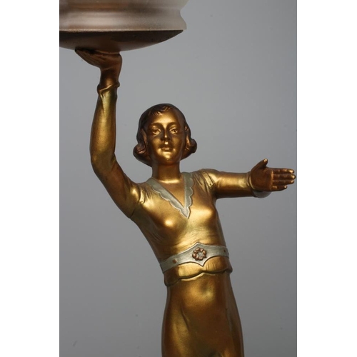 331 - AN ART DECO BRONZED SPELTER FIGURAL ELECTRIC LAMP BASE modelled as a young lady with shingled hair, ... 