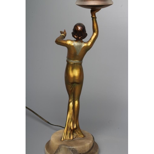 331 - AN ART DECO BRONZED SPELTER FIGURAL ELECTRIC LAMP BASE modelled as a young lady with shingled hair, ... 