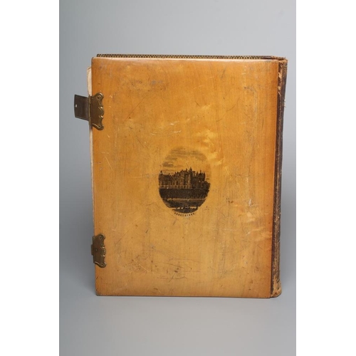 335 - A VICTORIAN MAUCHLINE WARE PHOTOGRAPH ALBUM, made of wood grown on the lands of Abbotsford, the fasc... 