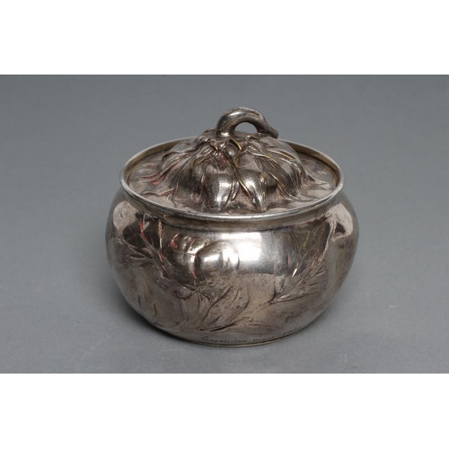 336 - AFTER EUGENE LELIEVRE (1856-1945) An art nouveau silvered bronze box and cover, of lobed squat form,... 