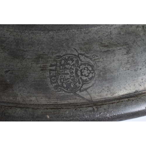 341 - A GEORGIAN PEWTER DISH, 18th century, with single rim and ownership initials 13 1/2