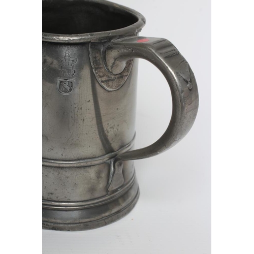 344 - A GROUP OF FIVE PEWTER QUART REEDED MUGS, 19th century, one straight sided, the others of tulip form... 