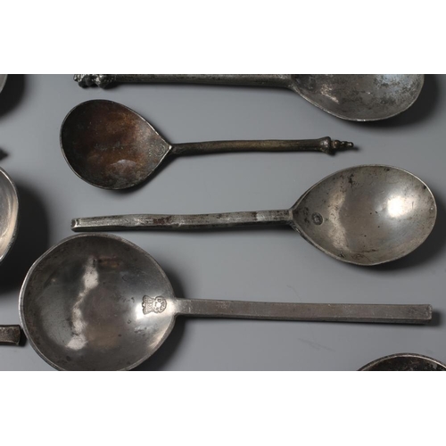 346 - EIGHT VARIOUS SLIP TOP PEWTER SPOONS, 17th century and later, with fig bowls, 6