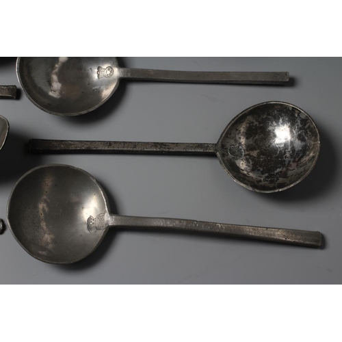 346 - EIGHT VARIOUS SLIP TOP PEWTER SPOONS, 17th century and later, with fig bowls, 6