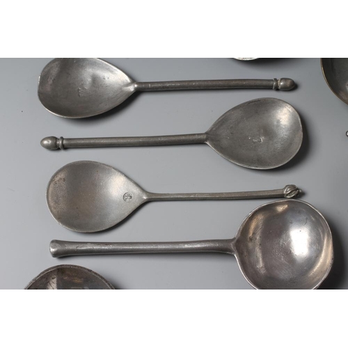 346 - EIGHT VARIOUS SLIP TOP PEWTER SPOONS, 17th century and later, with fig bowls, 6