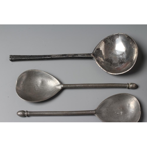 346 - EIGHT VARIOUS SLIP TOP PEWTER SPOONS, 17th century and later, with fig bowls, 6