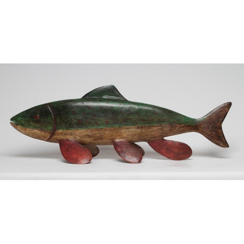 347 - GUY TAPLIN (b.1939) a carved and painted model of a fish with inset amber eyes, signed, 40 x 14 (I... 