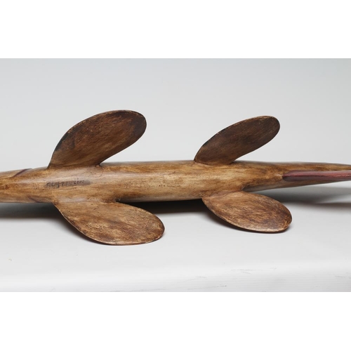 347 - GUY TAPLIN (b.1939) a carved and painted model of a fish with inset amber eyes, signed, 40 x 14 (I... 