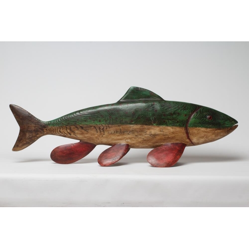 347 - GUY TAPLIN (b.1939) a carved and painted model of a fish with inset amber eyes, signed, 40 x 14 (I... 